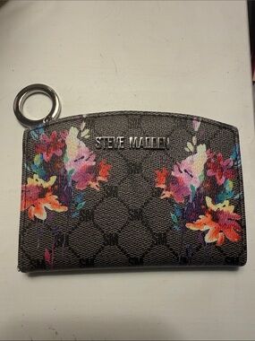 Steve Madden Floral Logo Card Case Wallet in Black with Multicolor Flowers
